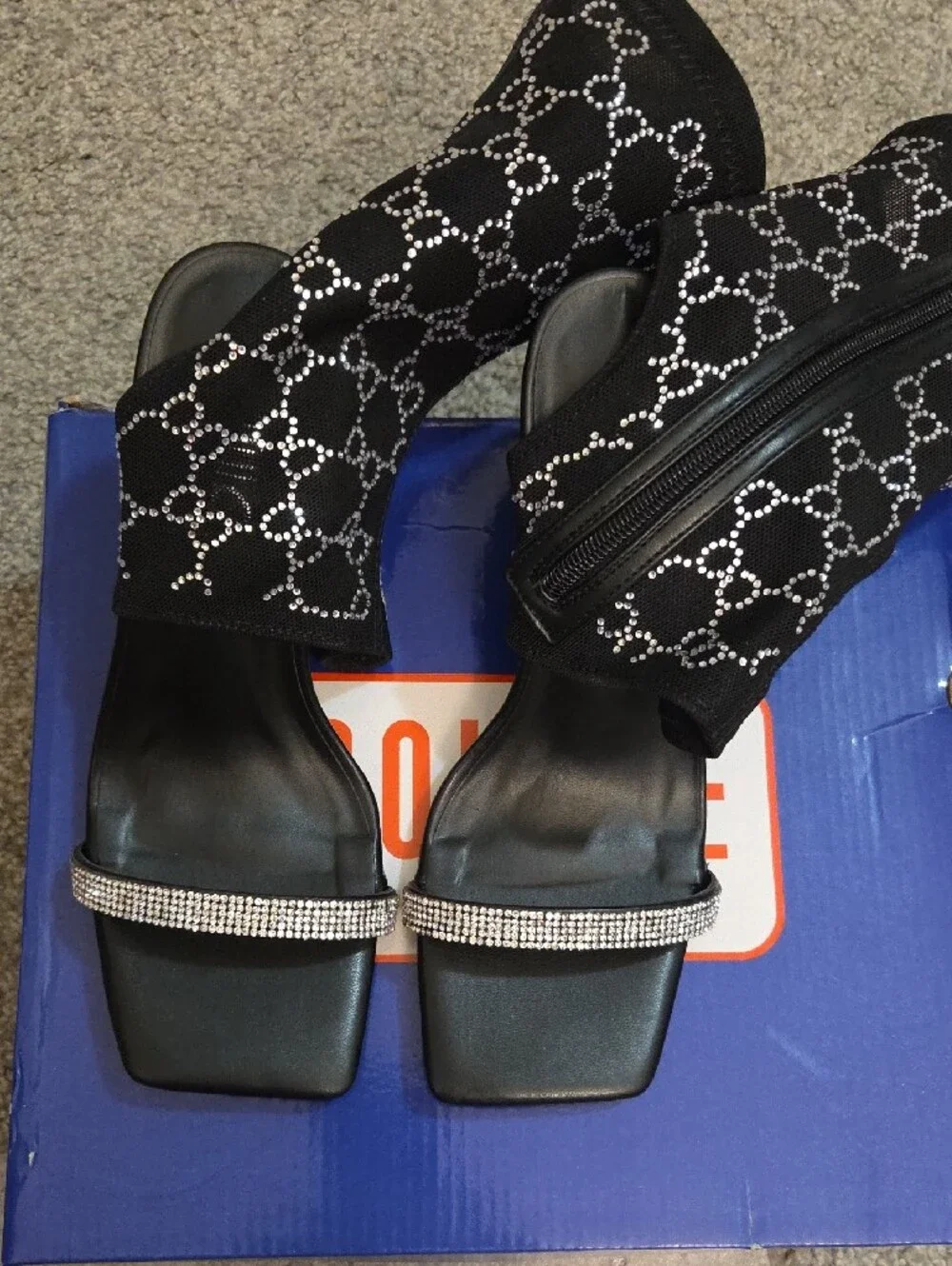 Rouge Black Crystal-Pattern Open Toe Bootie Stiletto Sandals Sz 6.5 NIB